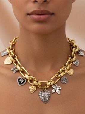 Gold Charm Necklace Stainless Steel Chunky Chain Heart Pendant Layered